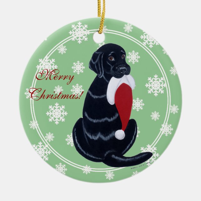 Black Labrador & Santa Hat Snowflake Christmas Ceramic Ornament (Front)