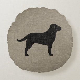 Black Labrador Silhouette   Faux Linen Style Round Pillow