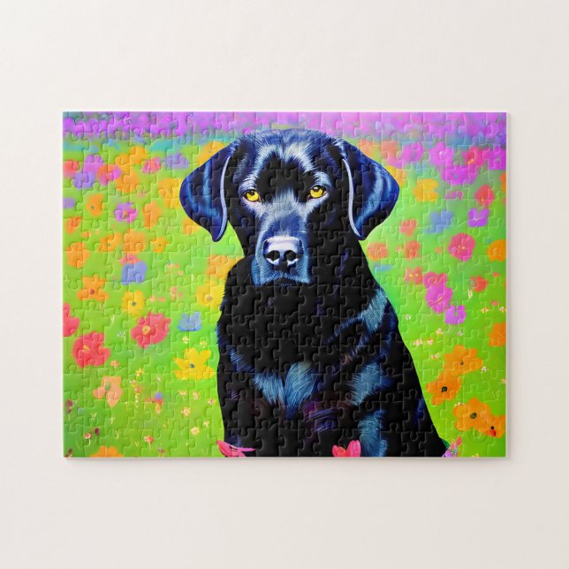 Black labrador sitting in a field of flowers  jigsaw puzzle (Horizontal)