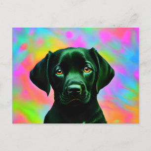 Black labrador sitting in front of a colourful  postcard