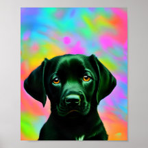 Black labrador sitting in front of a colourful