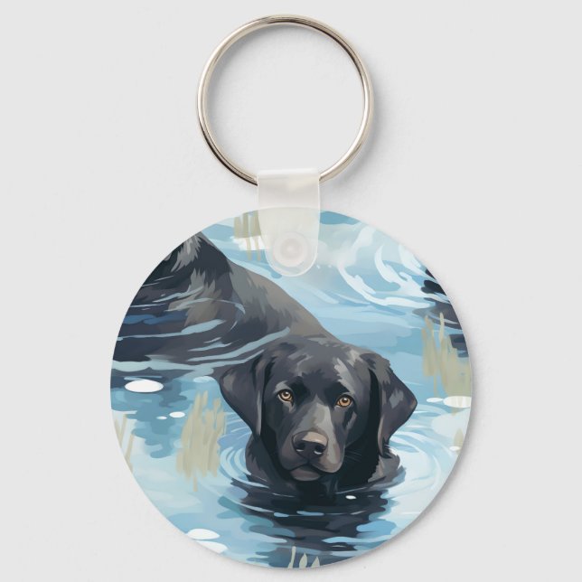 Black Labrador Swimming Pattern Keychain (Front)