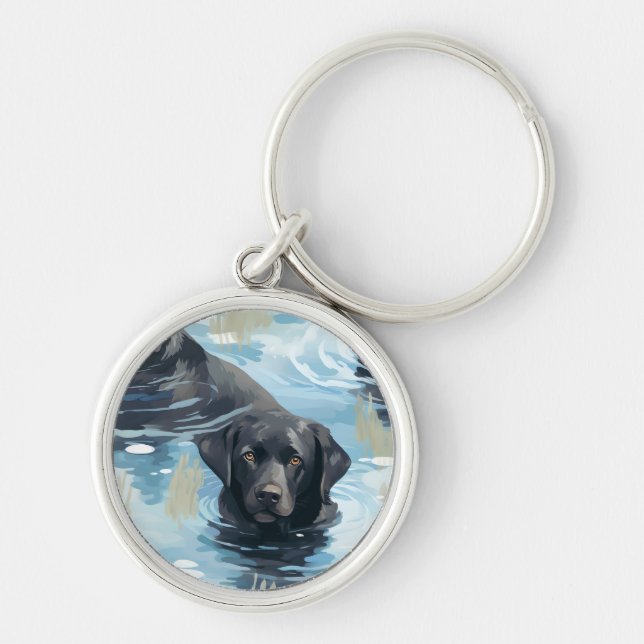 Black Labrador Swimming Pattern Keychain (Front)