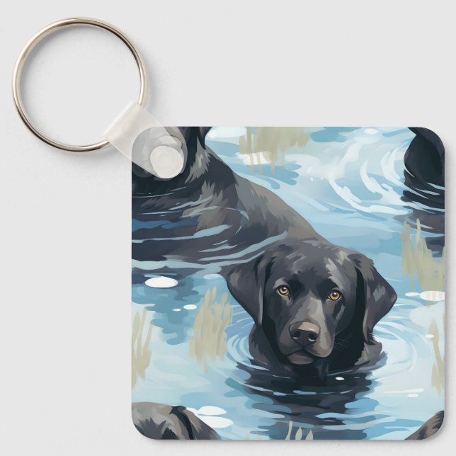 Black Labrador Swimming Pattern Keychain (Front)