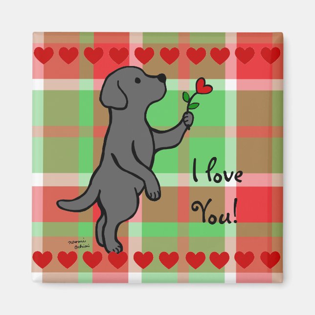 Black Labrador Tiny Heart Flower Cartoon Magnet (Front)