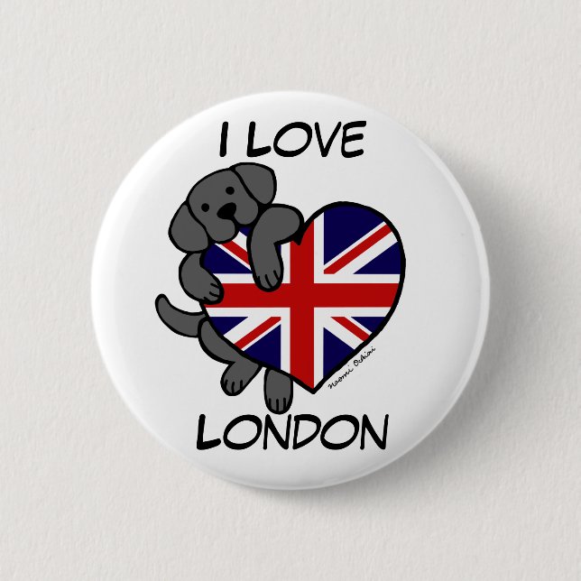Black Labrador & UK Flag Heart 2 Cartoon 2 Inch Round Button (Front)