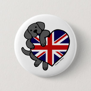 Black Labrador & UK Flag Heart 2 Cartoon Inch Round Button