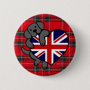 Black Labrador & UK Flag Heart 2 Cartoon Tartan Inch Round Button