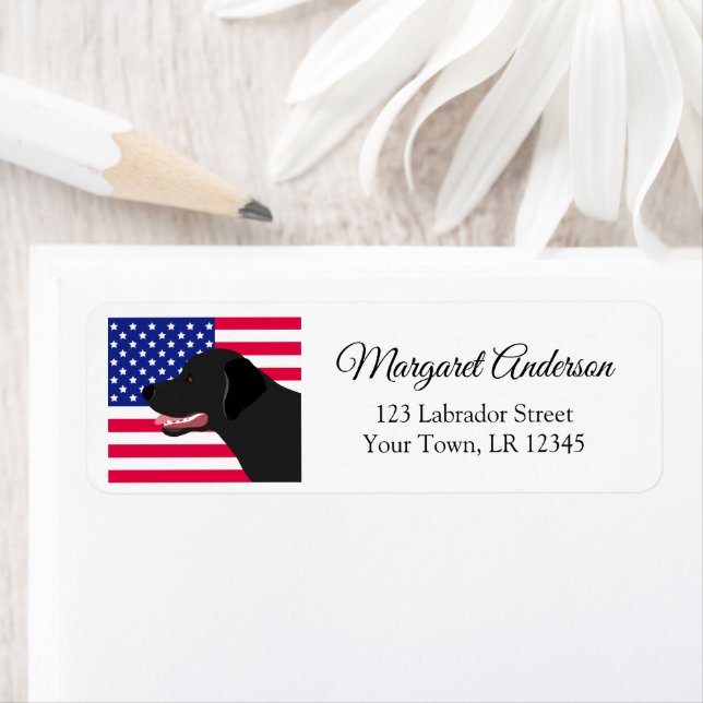 Black Labrador US Flag Return Address Label (Insitu)