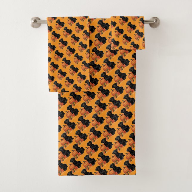 Black Labrador With Autumn Leaves and Pumpkin Bath Towel Set (Insitu)