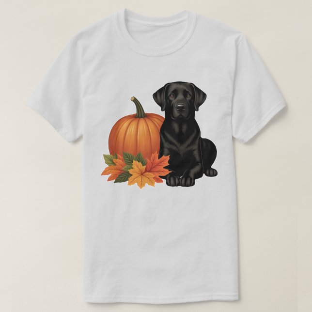 Black Labrador With Autumn Leaves and Pumpkin T-Shirt (Design Front)