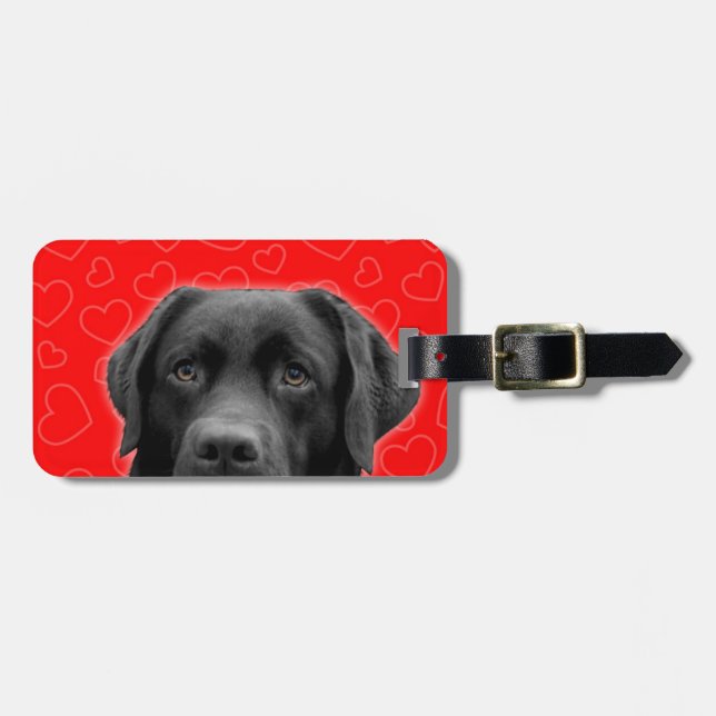 Black Labrador with Red Hearts Luggage Tag (Front Horizontal)