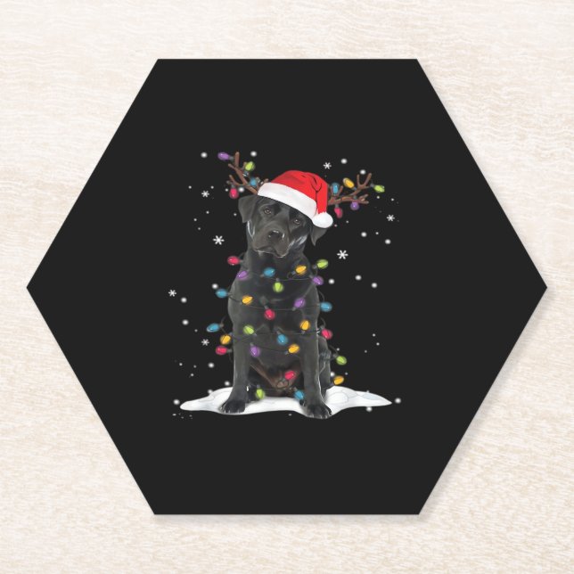 Black Labrador Xmas Dog Christmas Tree Light Class Paper Coaster (Front)