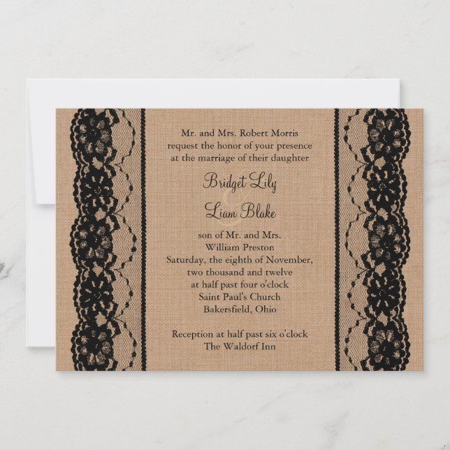 Black Lace and Burlap Wedding Invitation (Front)