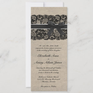 Black Lace and Burlap Wedding Invitation Vertical