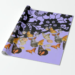 BLACK LACE AND BUTTERFLIES IN PURPLE GIFT WRAPPING PAPER