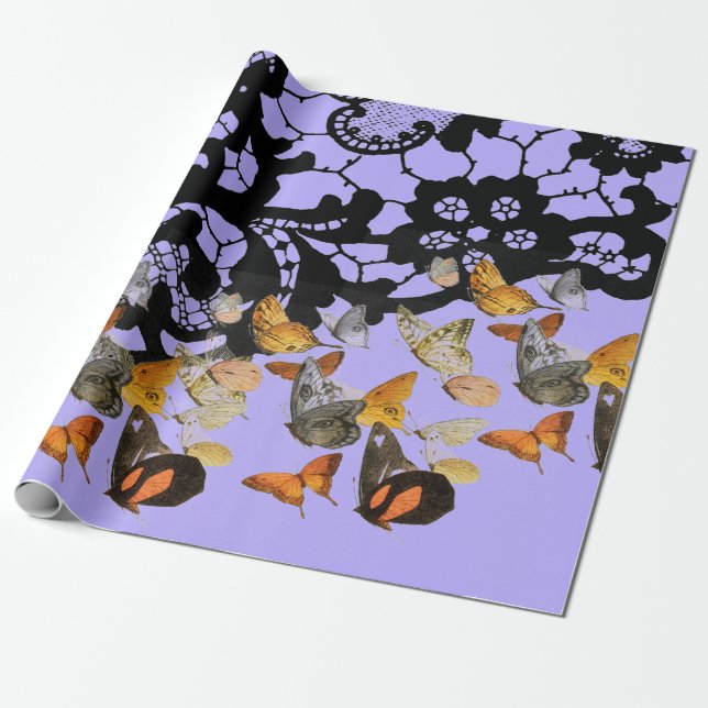 BLACK LACE AND BUTTERFLIES IN PURPLE GIFT WRAPPING WRAPPING PAPER (Unrolled)