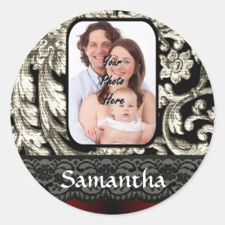 Black lace and damask classic round sticker