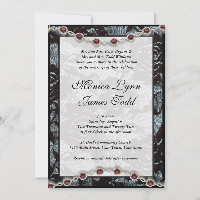 Black Lace and Rubies Wedding Invitation (Front)
