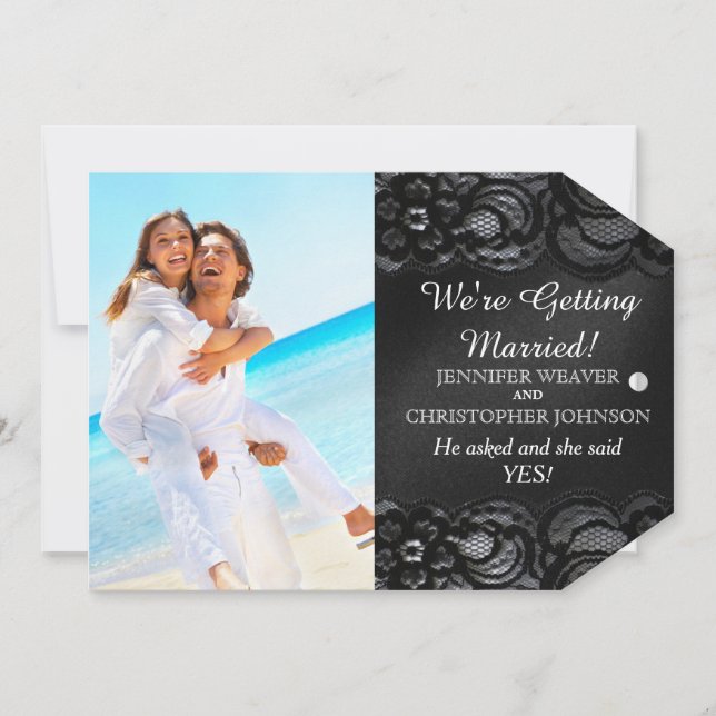Black Lace and Satin Engagement Announcement Card (Front)