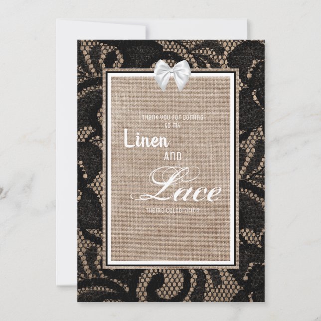 Black lace, burlap and linen wedding invitation (Front)
