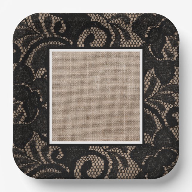 Black lace, burlap, linen paper plate (Front)