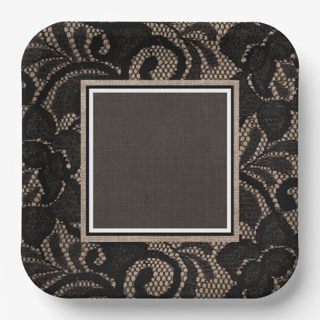 Black lace, burlap, linen paper plate (Front)
