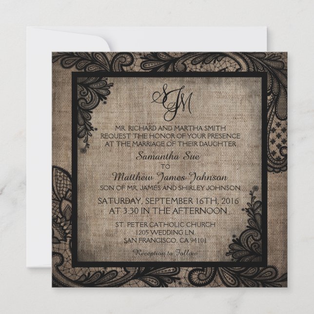 Black Lace Burlap Modern Goth Wedding Invitation (Front)