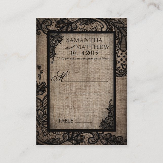Black Lace Burlap Modern Goth Wedding Place Cards (Front)