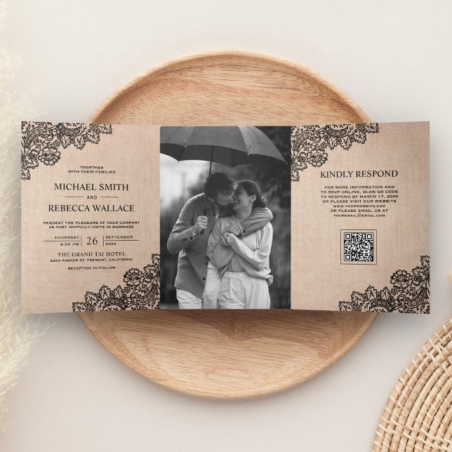 Black Lace Burlap Photo QR Code Wedding Tri-Fold Invitation (Creator Uploaded)