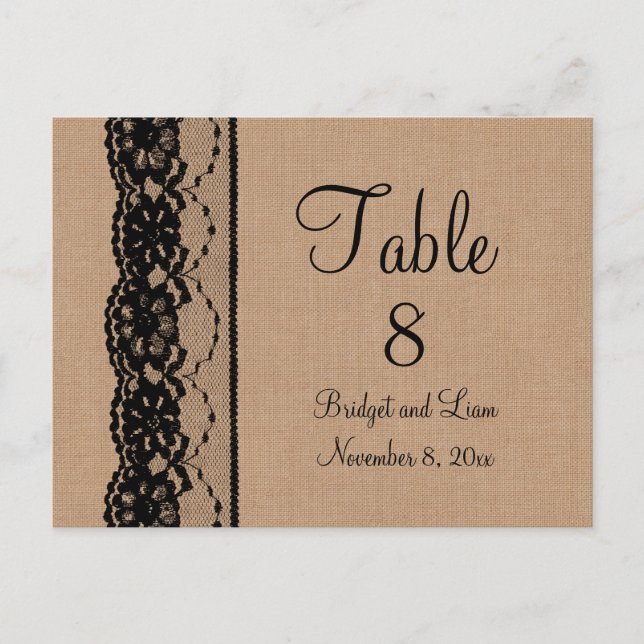 Black Lace &  Burlap Table Number Postcard (Front)