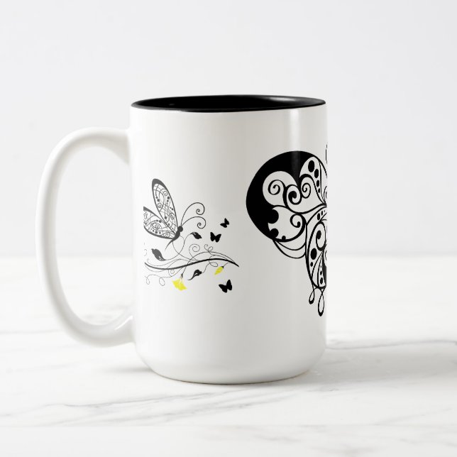 Black Lace Butterflies 3 Two-Tone Coffee Mug (Left)