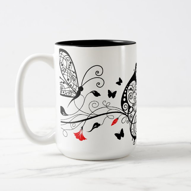 Black Lace Butterflies 7 Two-Tone Coffee Mug (Left)