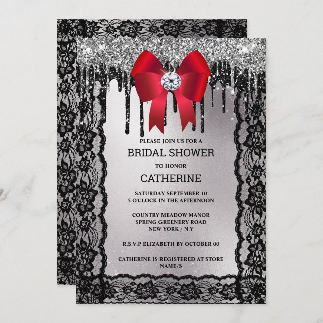 Black lace diamond red bow silver glitter elegant invitation (Front/Back)