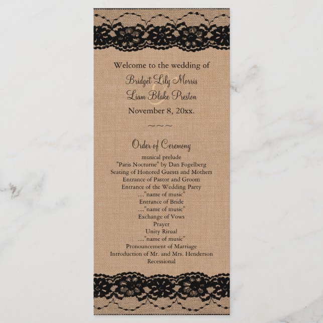 Black Lace et Burlap Programme de mariage (Devant)