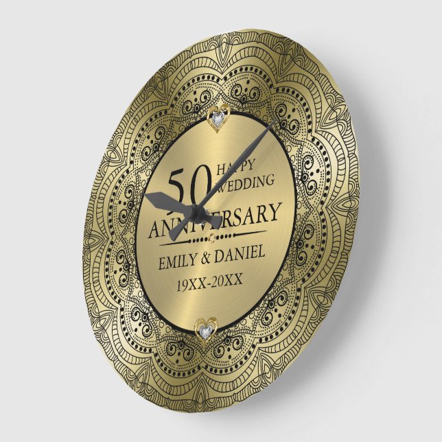 Black lace & gold 50th wedding anniversary large clock (Angle)