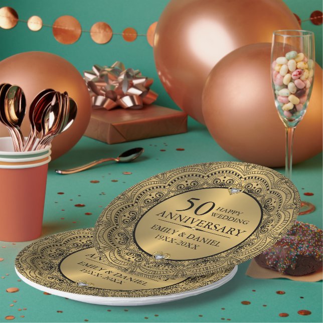Black lace & gold 50th wedding anniversary paper plate (Multi)