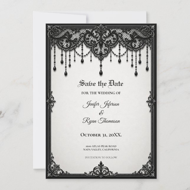 Black Lace Gothic Save the date invitation (Front)