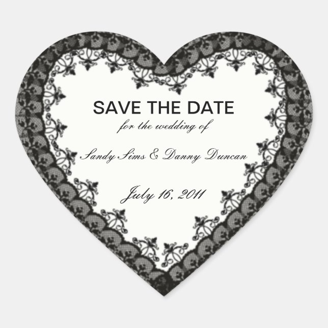 Black Lace Heart Save The Date Stickers (Front)