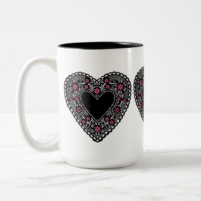 Black Lace Heart Two-Tone Coffee Mug (Left)