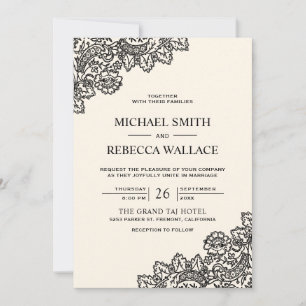 Black Lace Ivory Cream QR Code Wedding Invitation