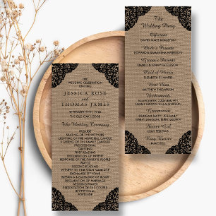 Black Lace On Rustic Burlap Wedding Program