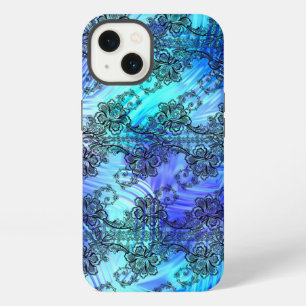 Black Lace On Soft Blue Patterned Glass iPhone 13 Case
