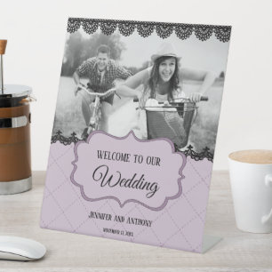 Black Lace on Soft Lavender Custom Wedding Pedestal Sign