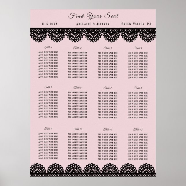 Black Lace on Soft Pink Custom Seating Chart (Front)