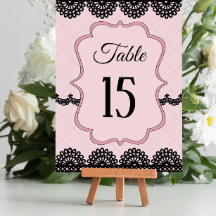 Black Lace on Soft Pink Custom Wedding Table Number