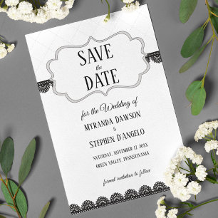 Black Lace on White Custom Save the Date Invitation