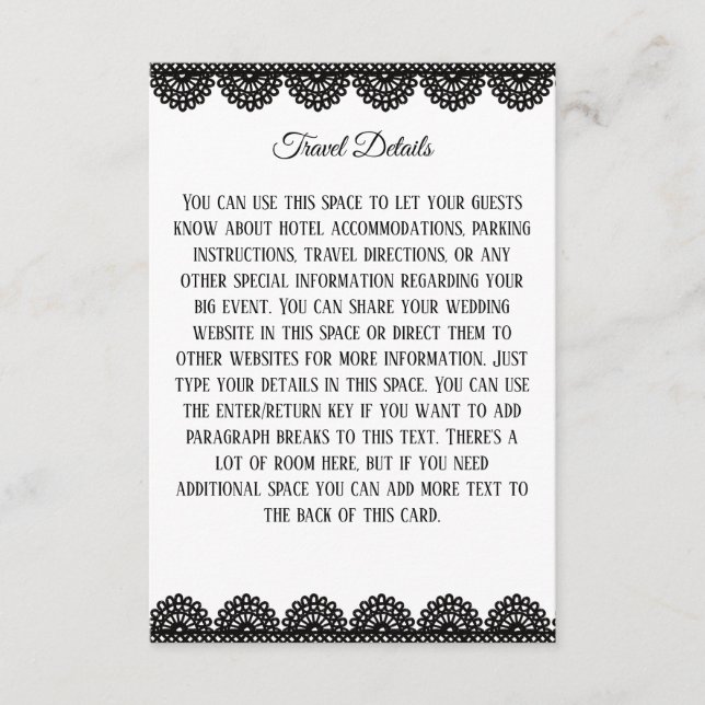 Black Lace on White Custom Wedding Enclosure Card (Front)