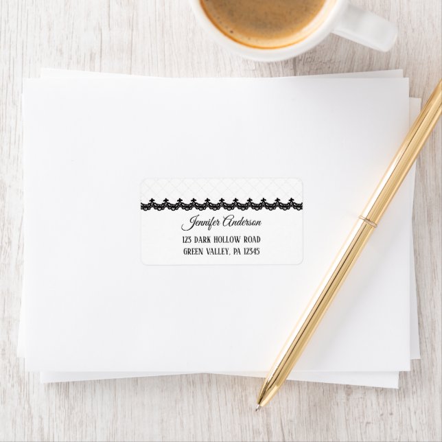 Black Lace on White Custom Wedding Label (Insitu)