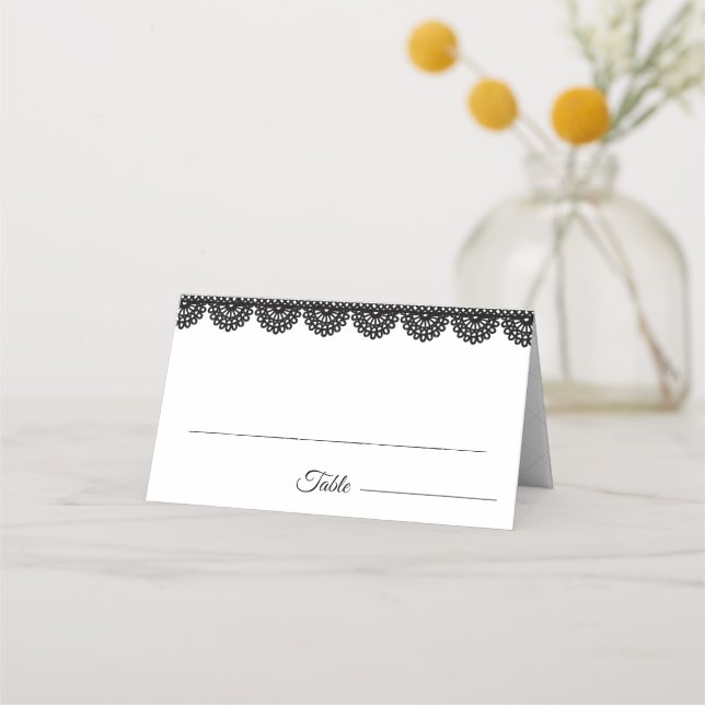 Black Lace on White Custom Wedding Place Card (Front)
